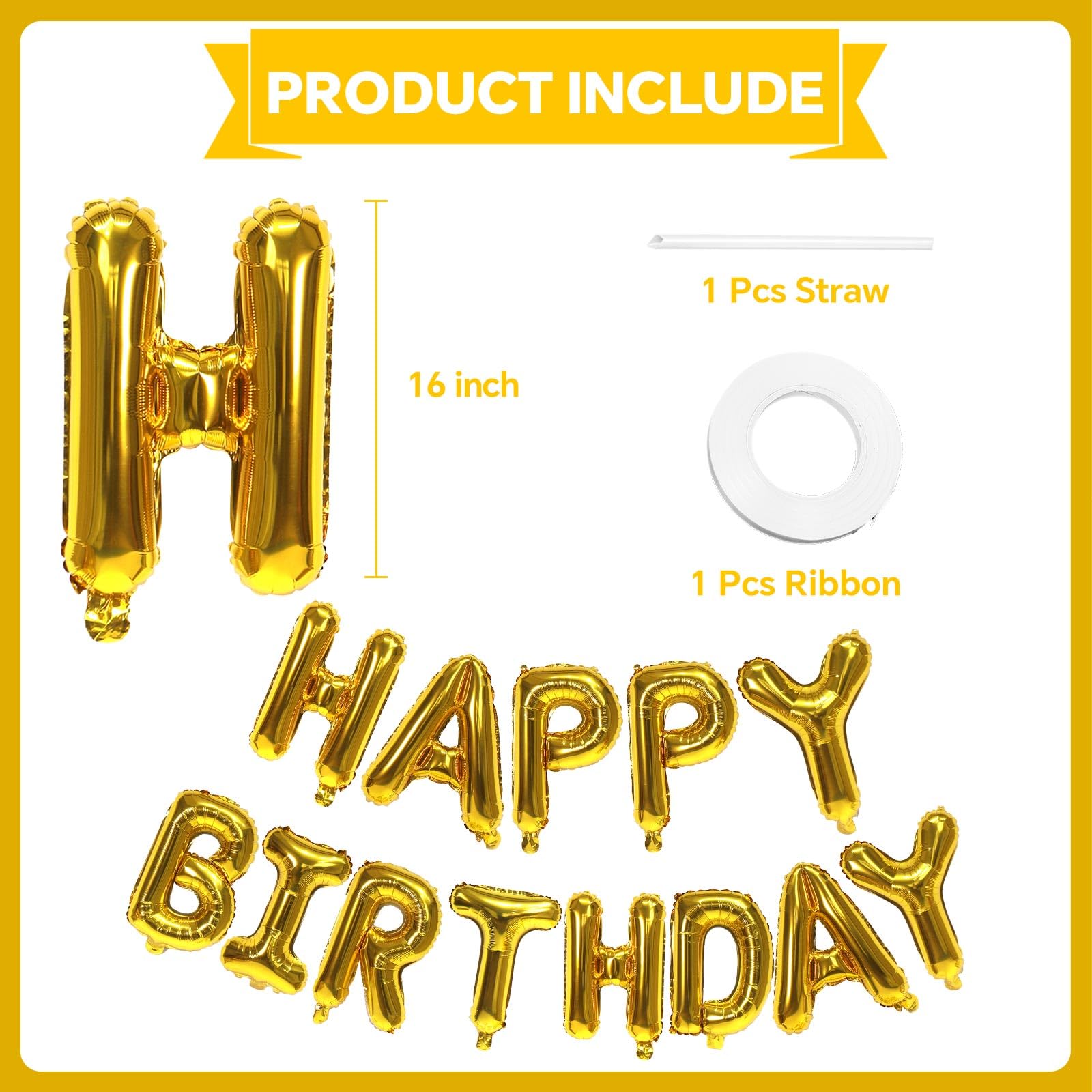 KALOR Gold Happy Birthday Balloons Banner - 16-Inch Mylar Foil Letters