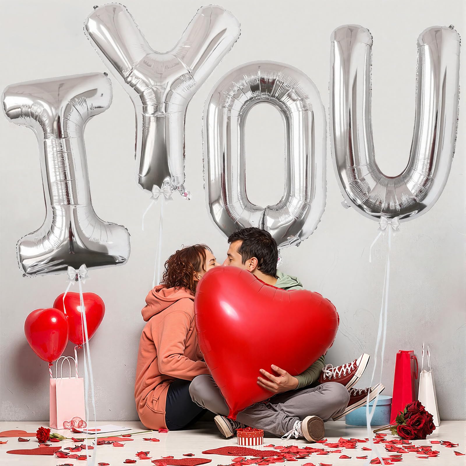 KALOR 42-Inch Silver I You & 42-Inch Red Heart Foil Balloons – Romantic Centerpiece Decor