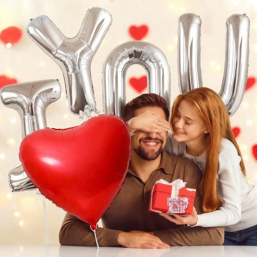 KALOR 42-Inch Silver I You & 42-Inch Red Heart Foil Balloons – Romantic Centerpiece Decor