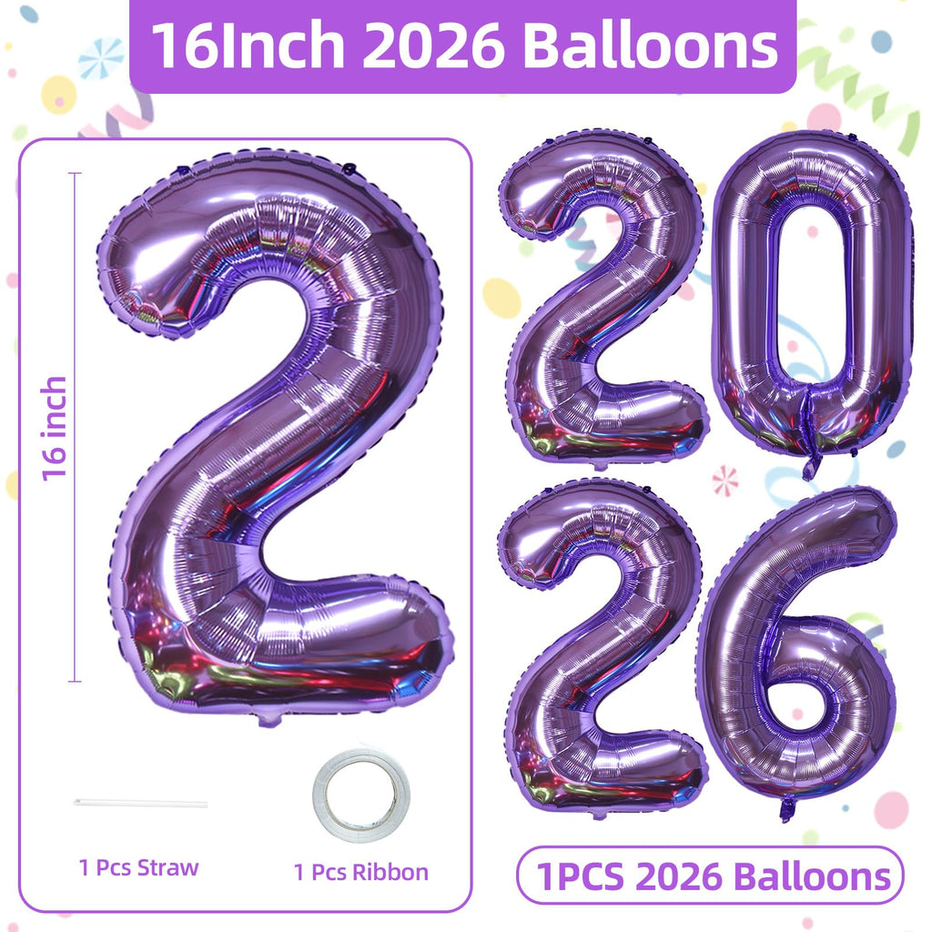 KALOR 16 Inch Purple Foil 2026 Number Balloons – New Year & Graduation Decor