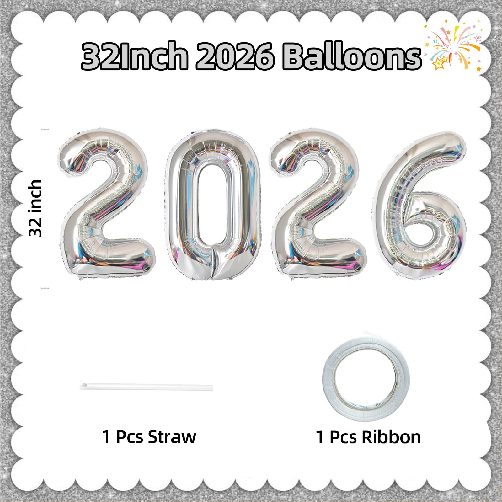 KALOR 32 Inch 2026 Silver Foil Number Balloons – New Year & Graduation Decor