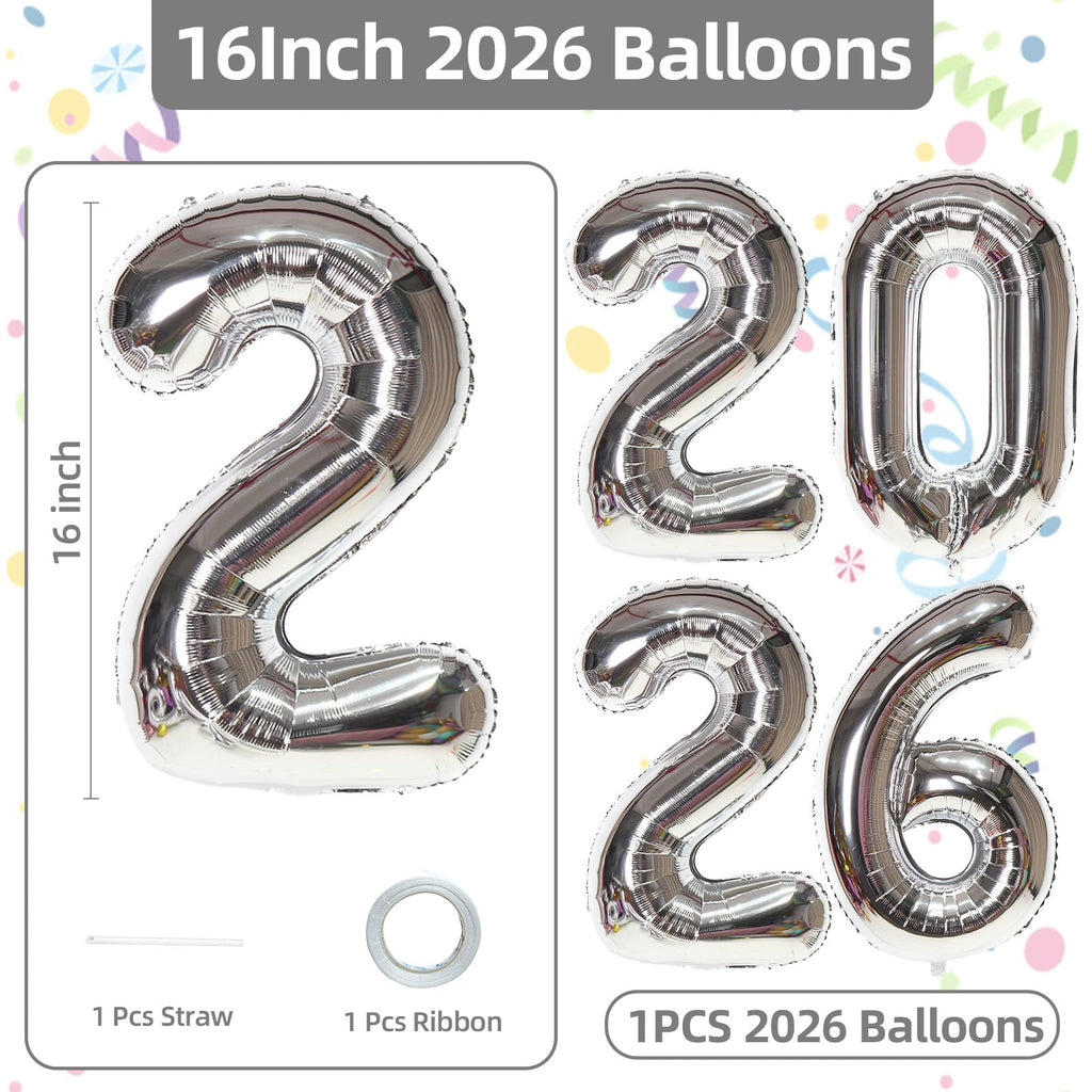 KALOR 16 Inch 2026 Silver Foil Number Balloons – New Year Eve & Graduation Party Decor
