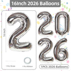 KALOR 16 Inch 2026 Silver Foil Number Balloons – New Year Eve & Graduation Party Decor