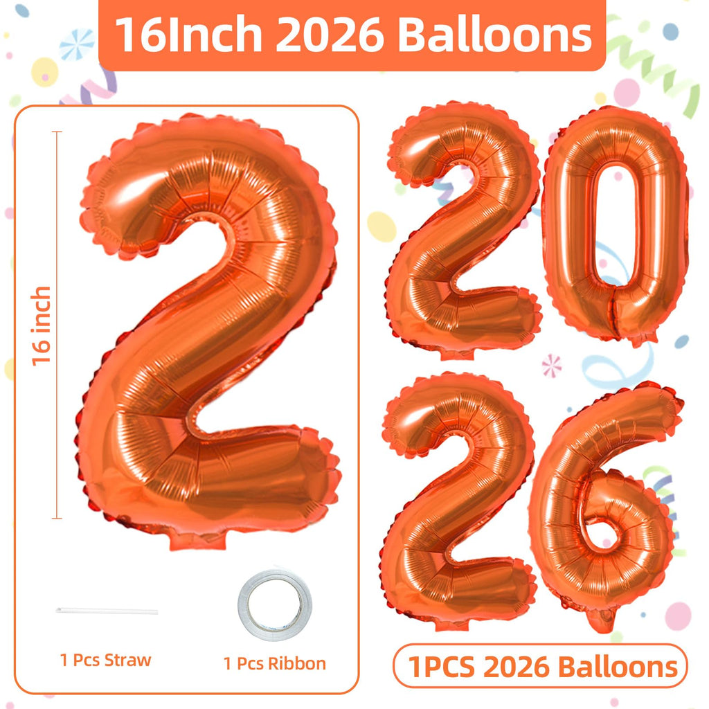 KALOR 16-Inch Orange Foil 2026 Balloons – New Year Backdrop & Graduation Party Decor