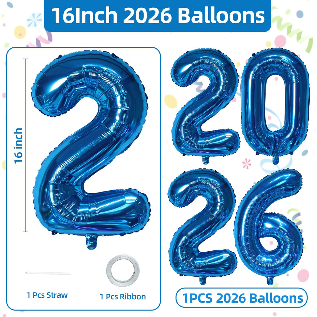 KALOR 16 Inch Blue Foil 2026 Number Balloons – New Year Eve Decor