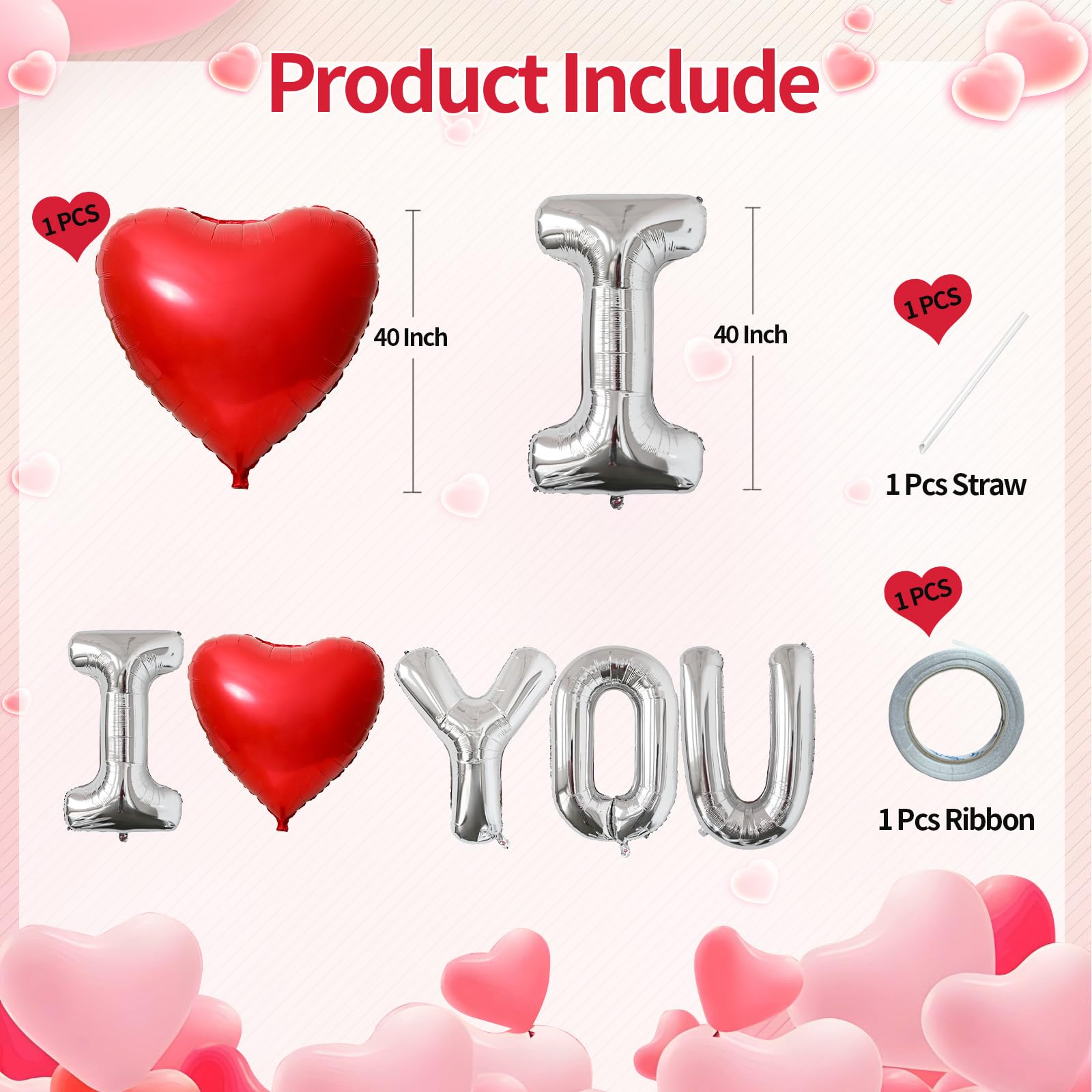 KALOR 42-Inch Silver I You & 42-Inch Red Heart Foil Balloons – Romantic Centerpiece Decor