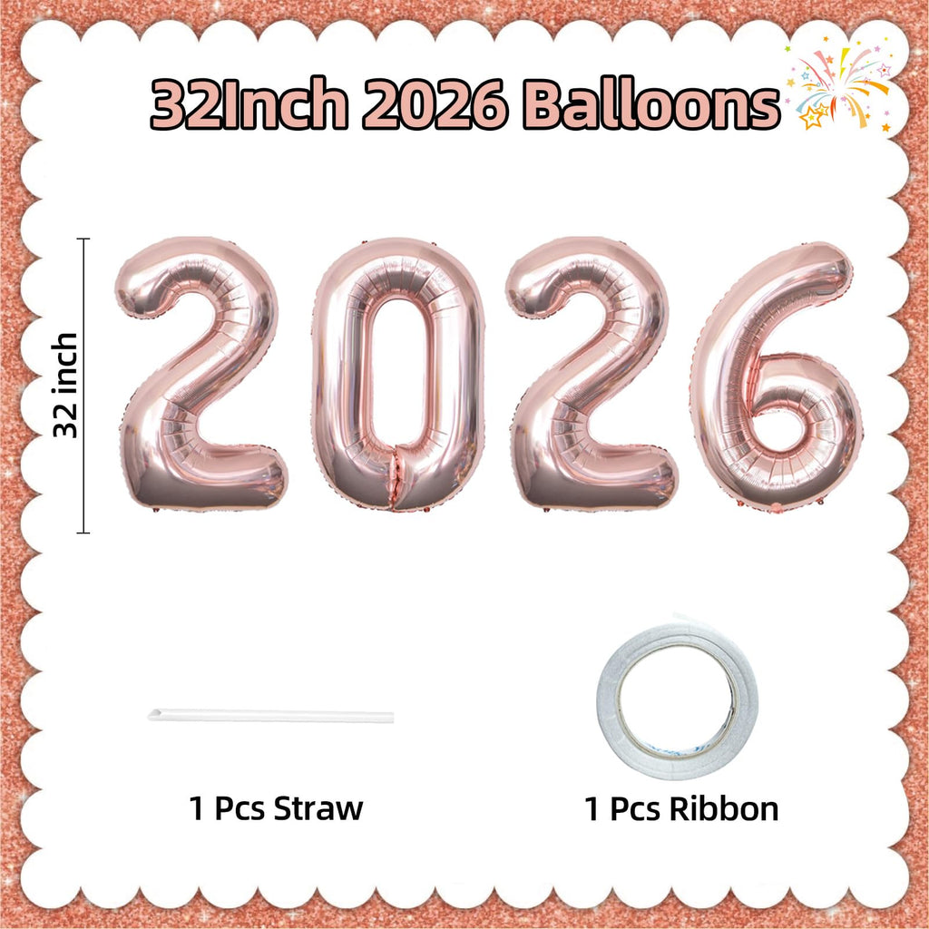 KALOR 32in Rose Gold Foil 2026 Balloons – New Year & Graduation Party Decor