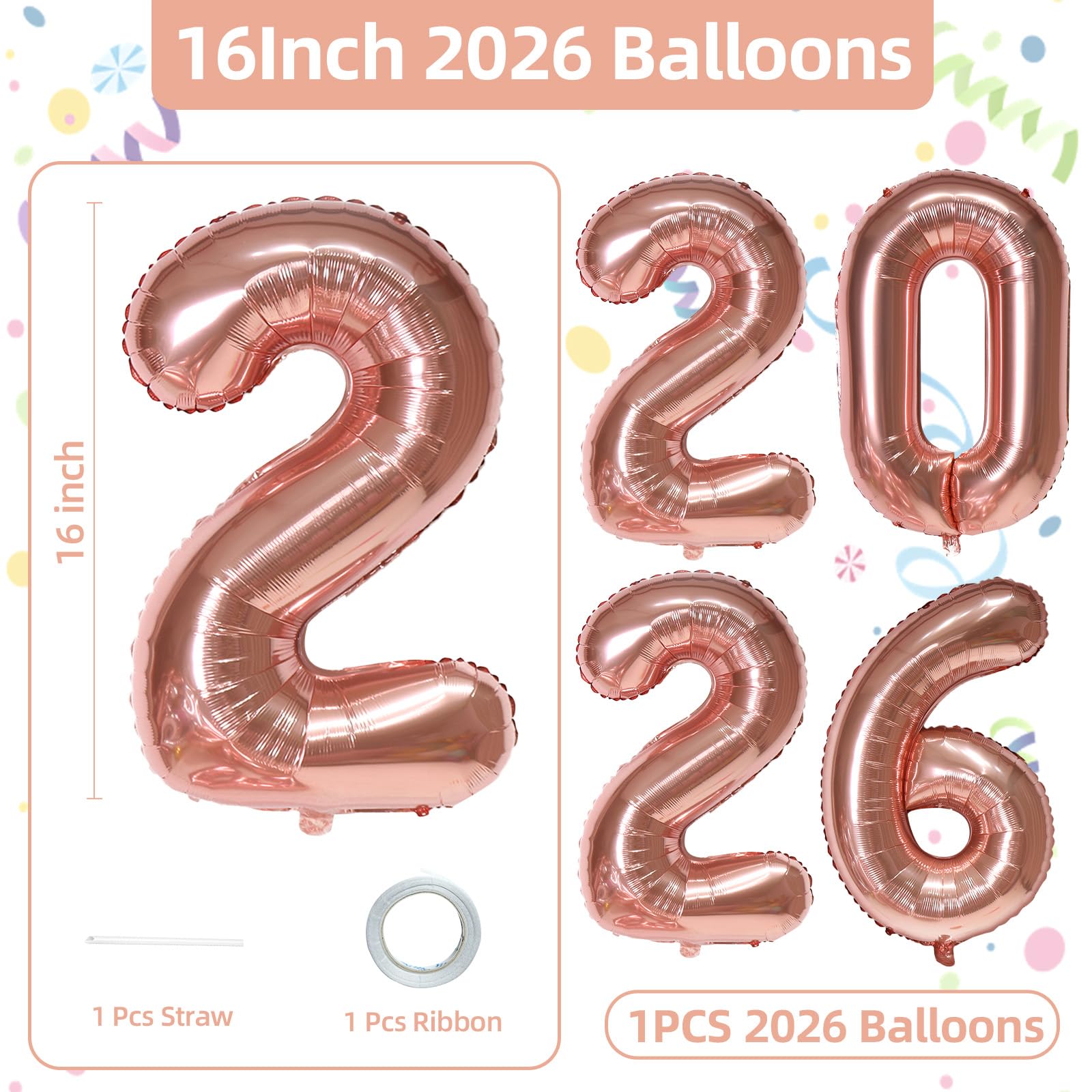 KALOR 16-Inch Rose Gold Foil 2026 Number Balloons – NYE & Graduation Decor