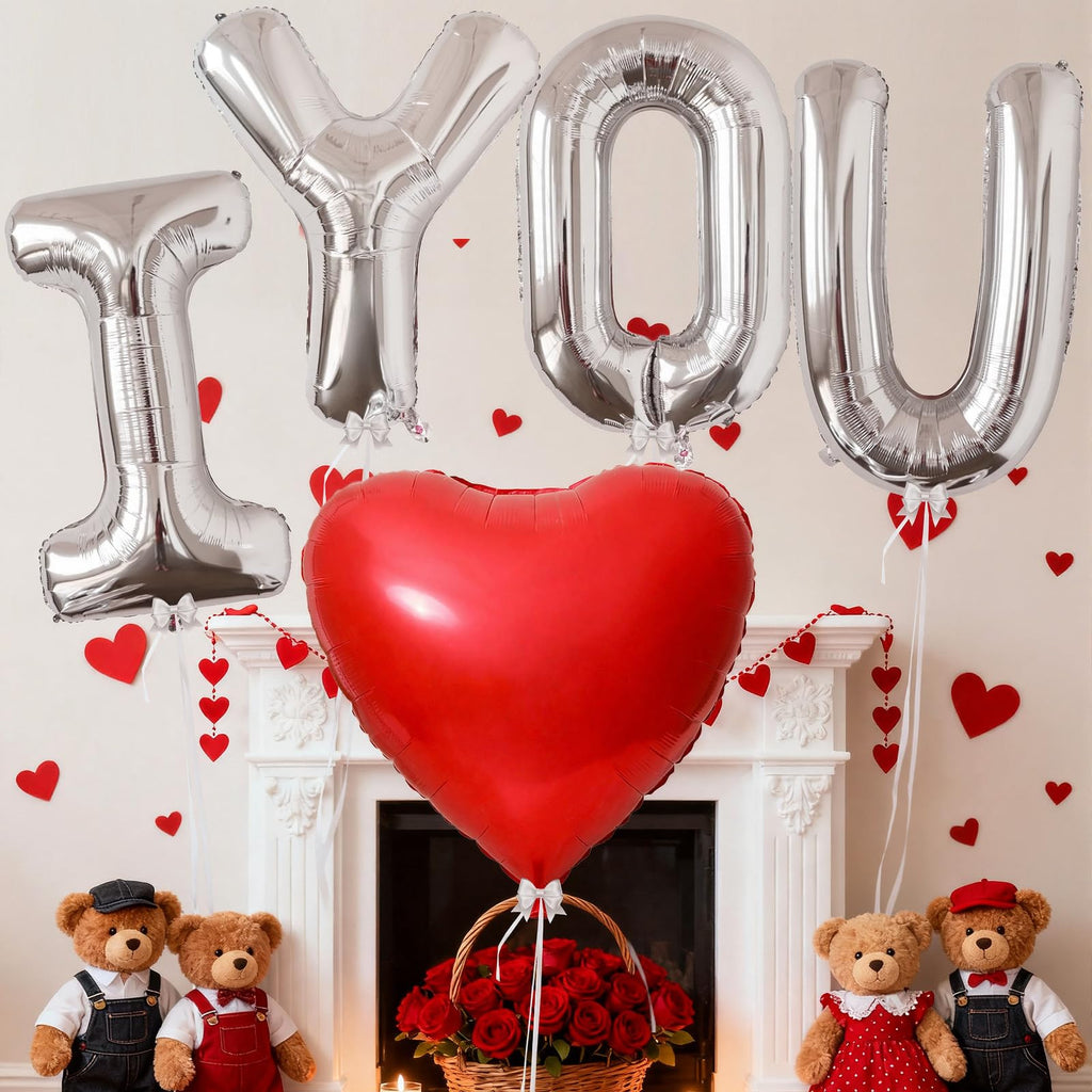KALOR 42-Inch Silver I You & 42-Inch Red Heart Foil Balloons – Romantic Centerpiece Decor