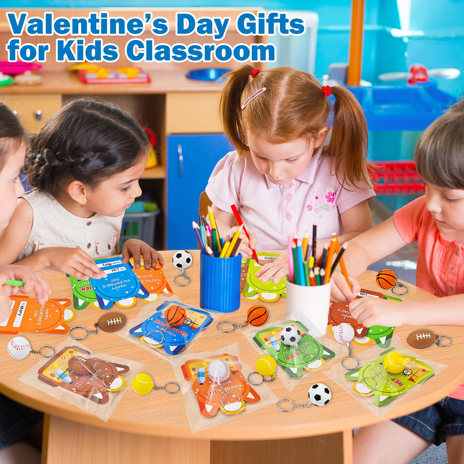 Kannove Valentines Day Cards & 28-Pack Mini Foam Sports Ball Keychains – Classroom Gifts, Party Favors, and Prizes