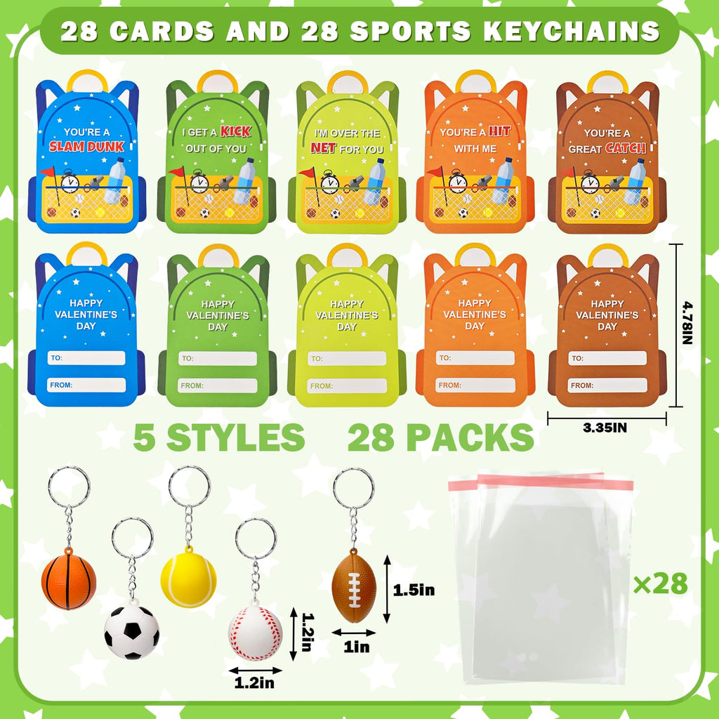 Kannove Valentines Day Cards & 28-Pack Mini Foam Sports Ball Keychains – Classroom Gifts, Party Favors, and Prizes