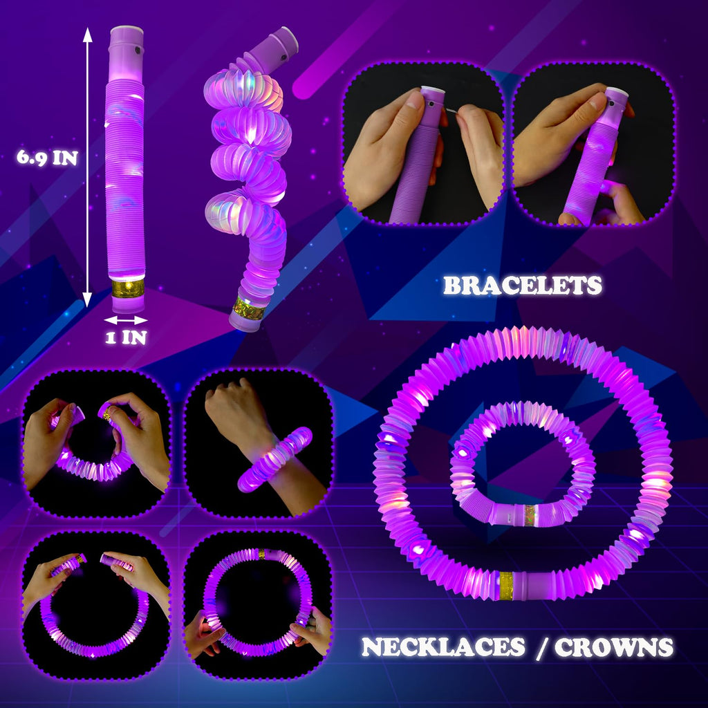 Kannove Purple Glow Sticks Pop Tubes – 24pc Mardi Gras Glow Party Favors, Light-Up Necklaces & Bracelets