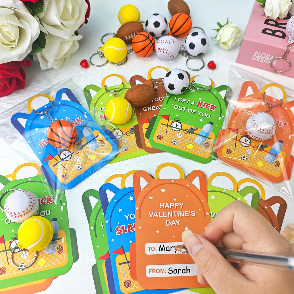 Kannove Valentines Day Cards & 28-Pack Mini Foam Sports Ball Keychains – Classroom Gifts, Party Favors, and Prizes