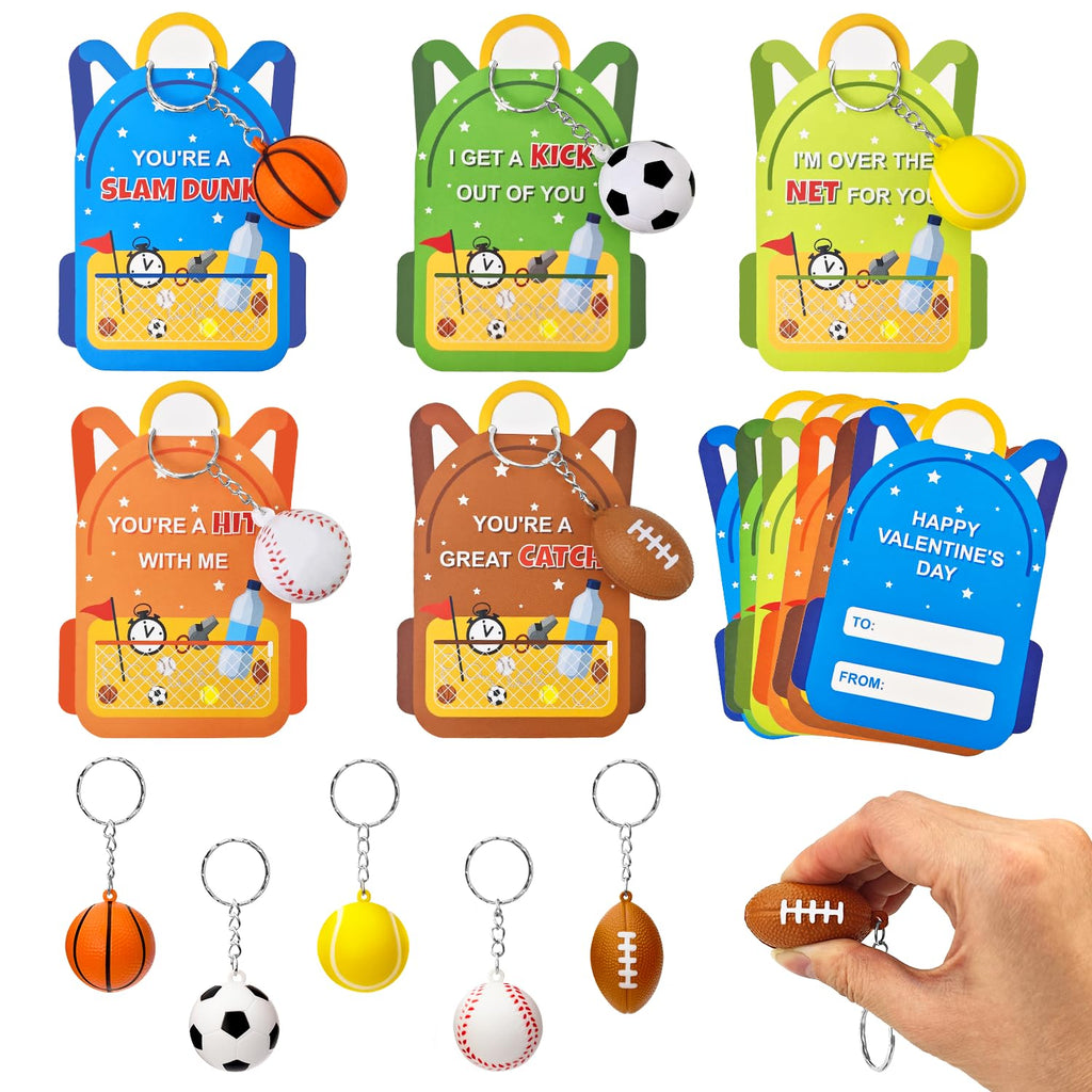 Kannove Valentines Day Cards & 28-Pack Mini Foam Sports Ball Keychains – Classroom Gifts, Party Favors, and Prizes