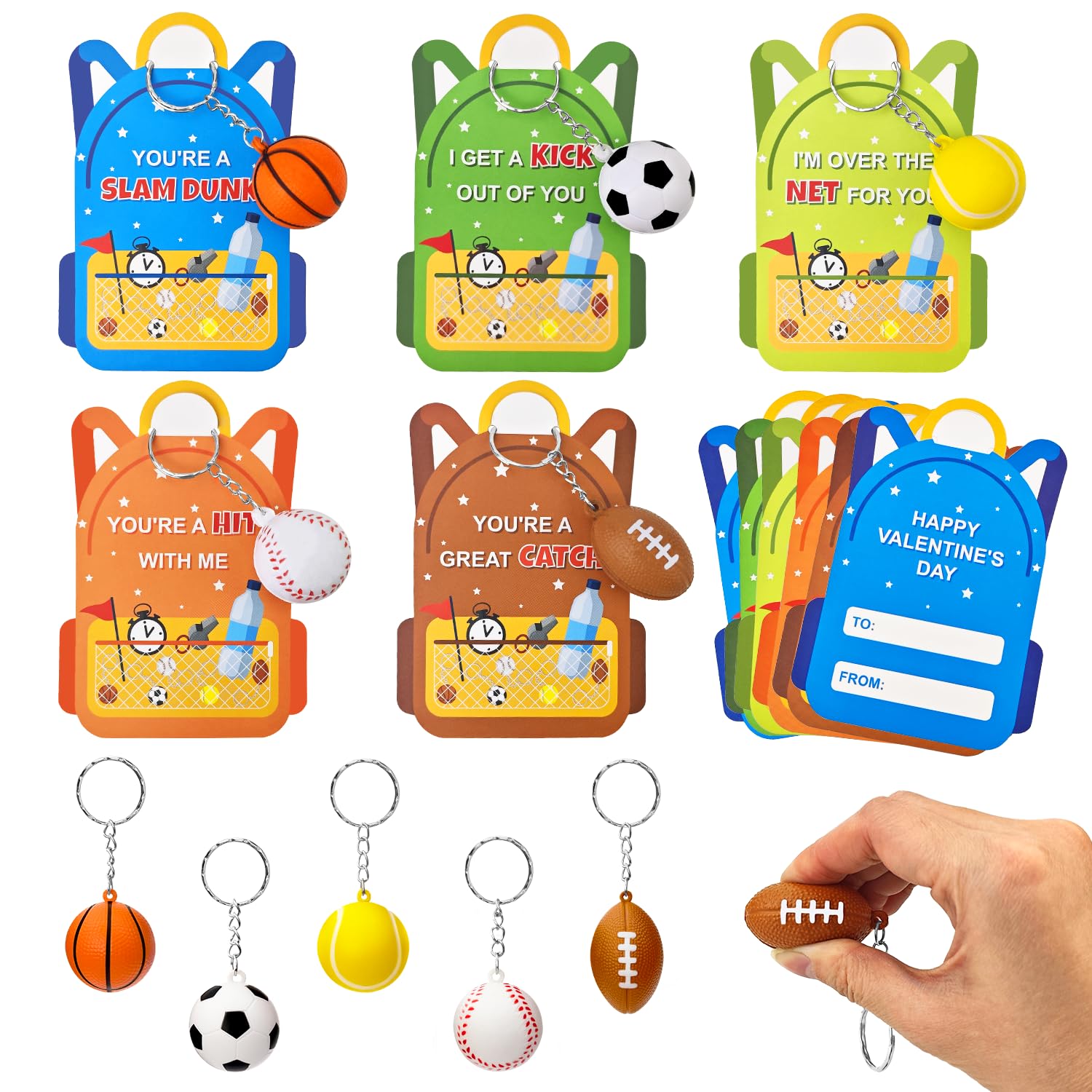 Kannove Valentines Day Cards & 28-Pack Mini Foam Sports Ball Keychains – Classroom Gifts, Party Favors, and Prizes