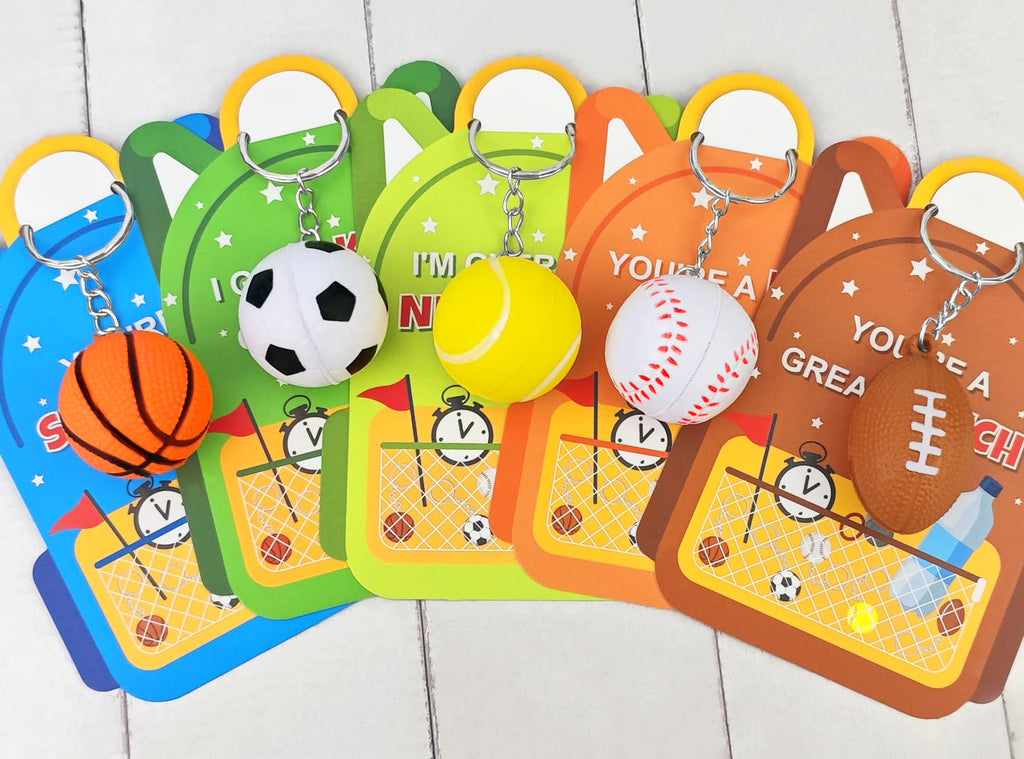 Kannove Valentines Day Cards & 28-Pack Mini Foam Sports Ball Keychains – Classroom Gifts, Party Favors, and Prizes