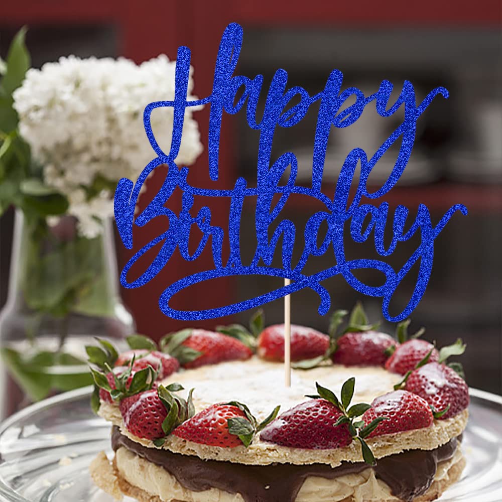 Kaoenla Blue Happy Birthday Cake Topper – Royal Blue Glitter Decoration for Cakes