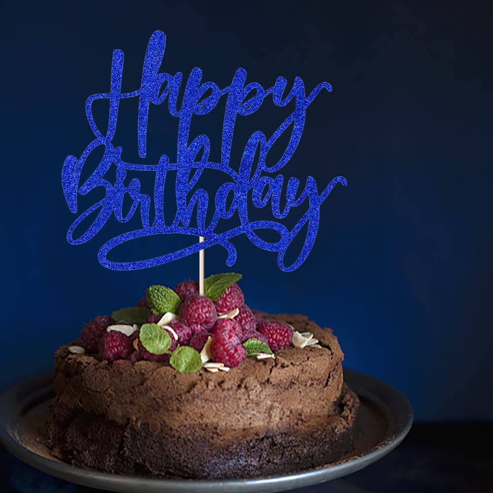 Kaoenla Blue Happy Birthday Cake Topper – Royal Blue Glitter Decoration for Cakes