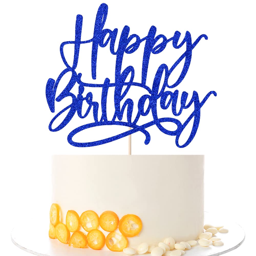 Kaoenla Blue Happy Birthday Cake Topper – Royal Blue Glitter Decoration for Cakes
