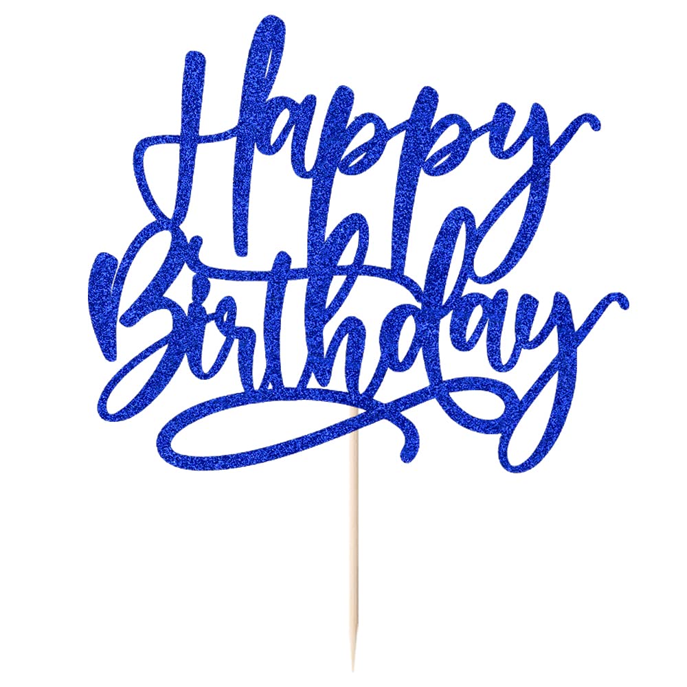 Kaoenla Blue Happy Birthday Cake Topper – Royal Blue Glitter Decoration for Cakes