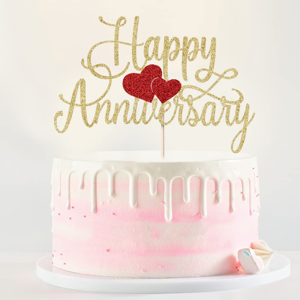 Kaoenla Happy Anniversary Cake Topper – Gold Glitter Birthday & Anniversary Party Decoration