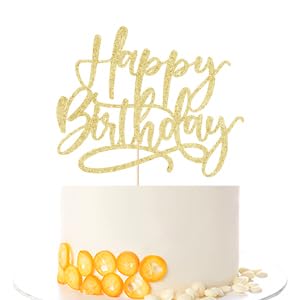 Kaoenla Golden Happy Birthday Cake Topper – Handcrafted Glitter Decor (6.1in × 5.2in)