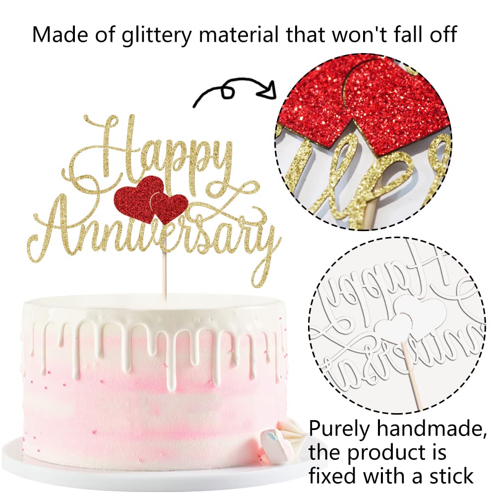 Kaoenla Happy Anniversary Cake Topper – Gold Glitter Birthday & Anniversary Party Decoration