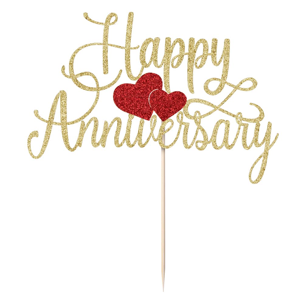 Kaoenla Happy Anniversary Cake Topper – Gold Glitter Birthday & Anniversary Party Decoration