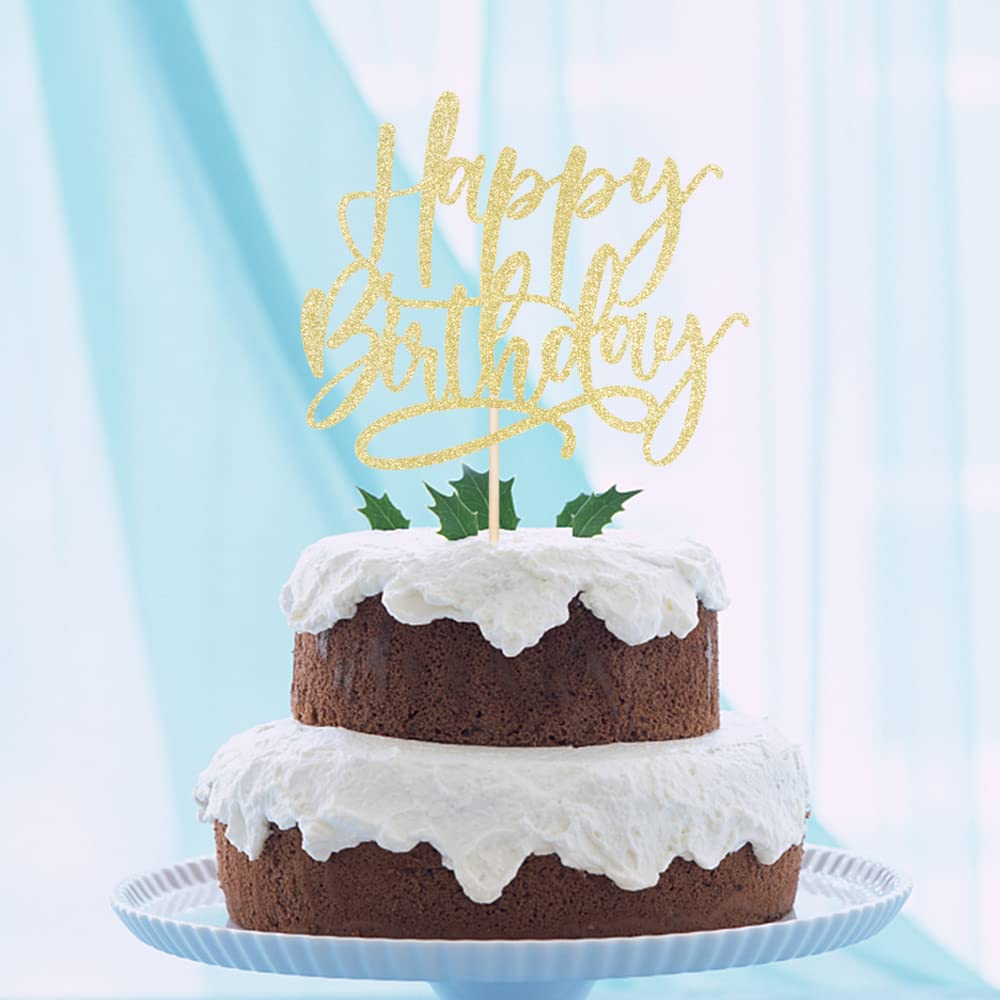 Kaoenla Golden Happy Birthday Cake Topper – Handcrafted Glitter Decor (6.1in × 5.2in)