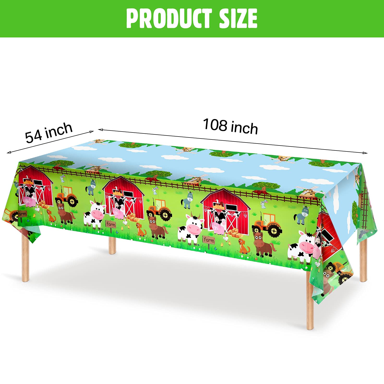 Kasyat Farm Animals Tablecloth 108x54in, 3-Piece Red Barnyard Cover