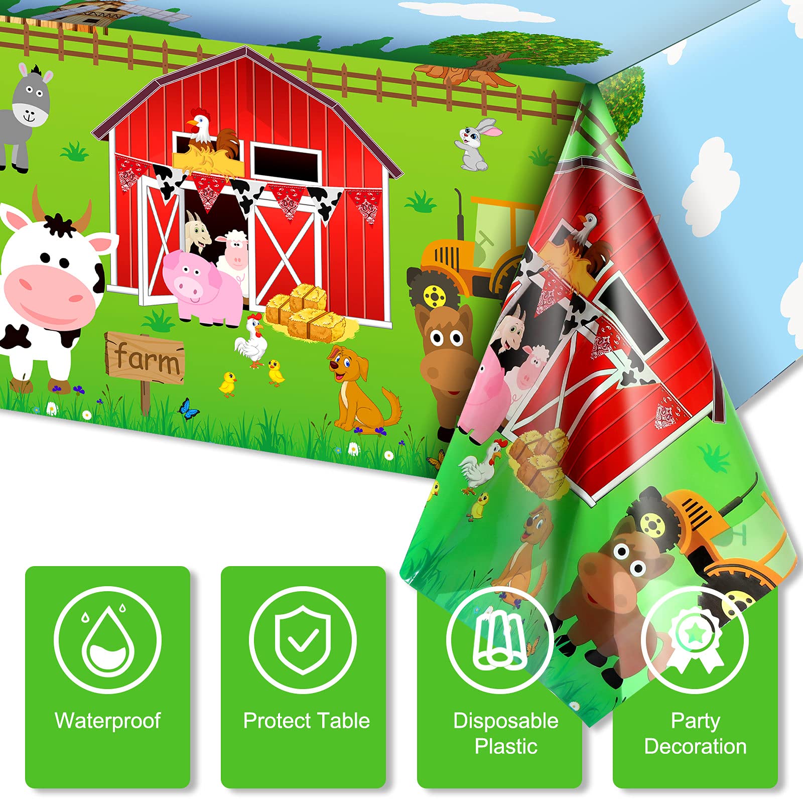 Kasyat Farm Animals Tablecloth 108x54in, 3-Piece Red Barnyard Cover