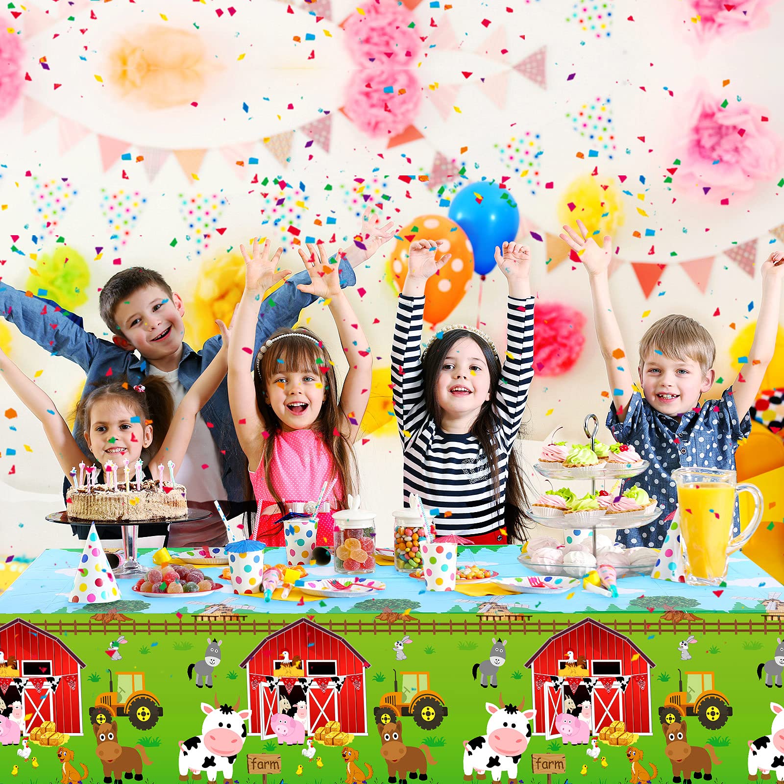 Kasyat Farm Animals Tablecloth 108x54in, 3-Piece Red Barnyard Cover