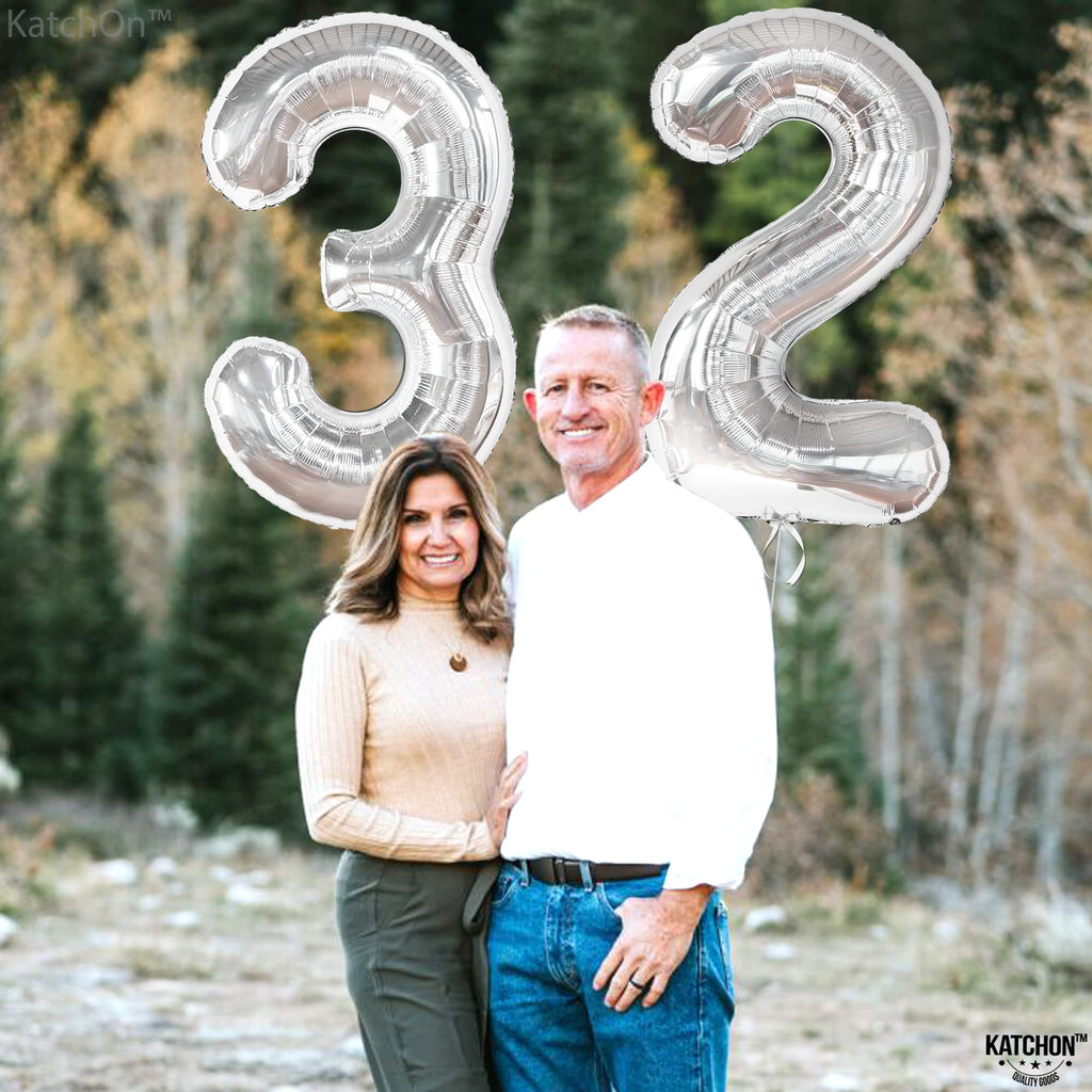 KatchOn Silver 32 Balloon Numbers – Giant 40-Inch Foil Balloons for 32nd Birthday Decorations