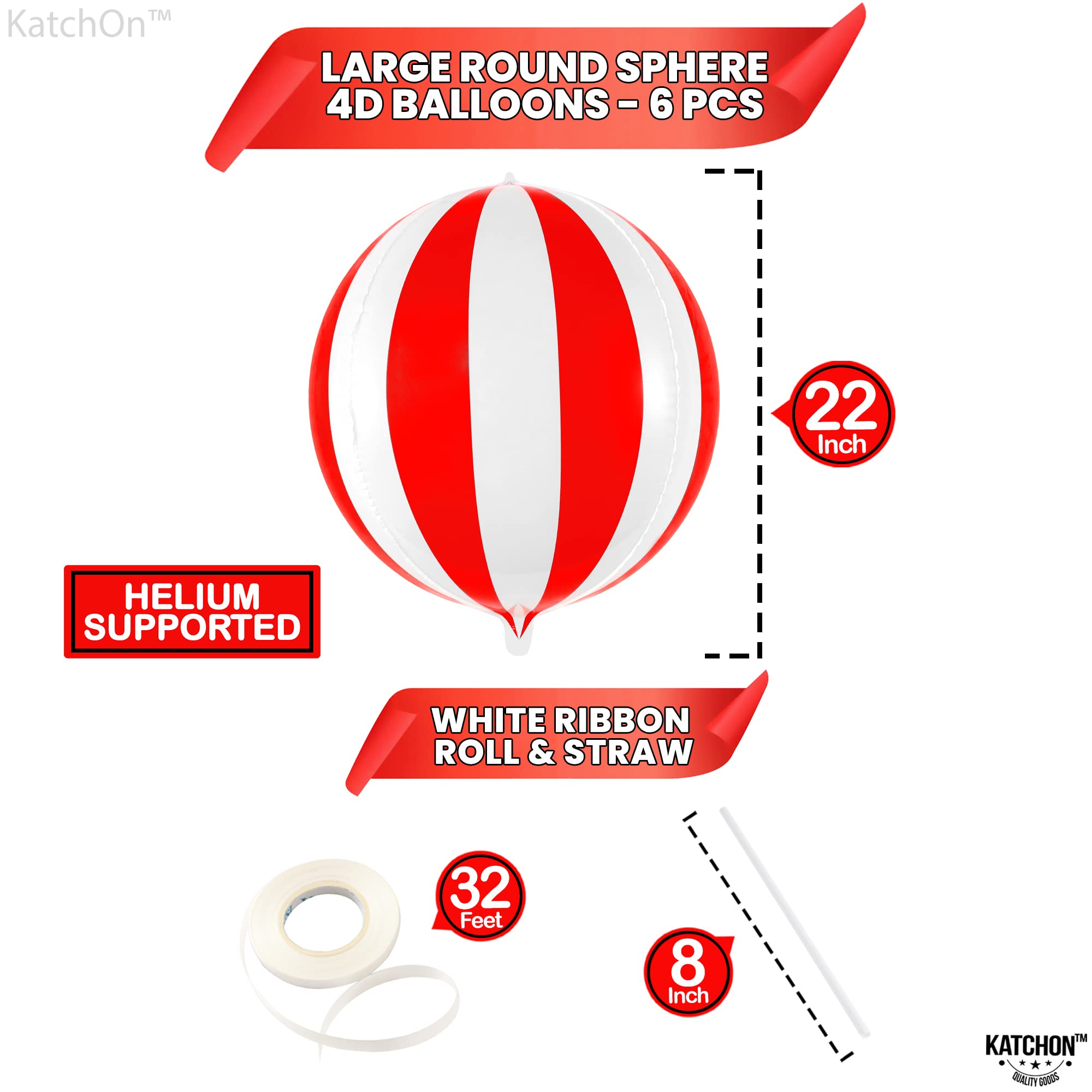 KatchOn 22-Inch Red and White Carnival Balloons Pack of 6 | Circus Theme Party Decor