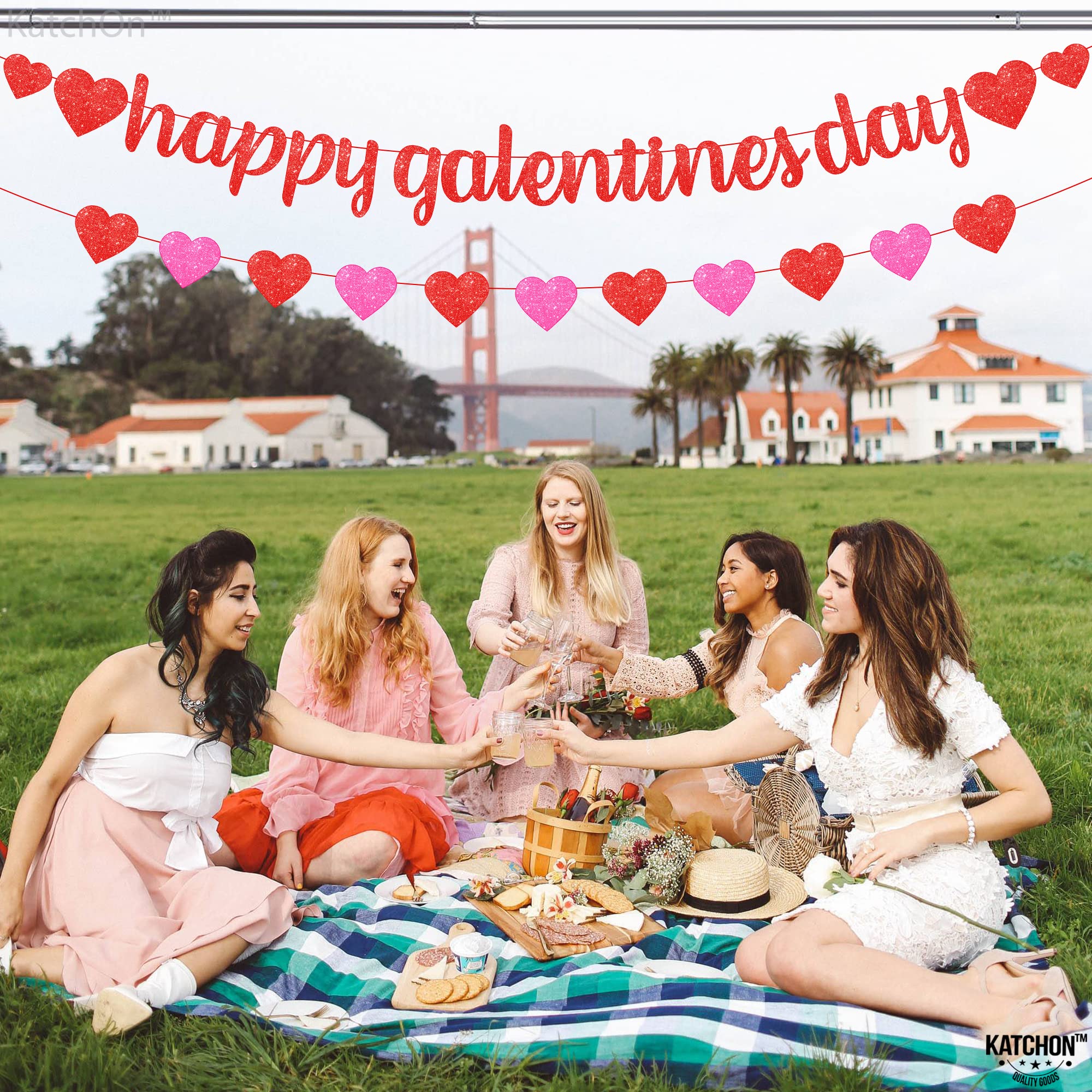 KatchOn Glitter Red Happy Galentines Day Banner - 10 Feet, No DIY, Pre-Strung Galentines Decor
