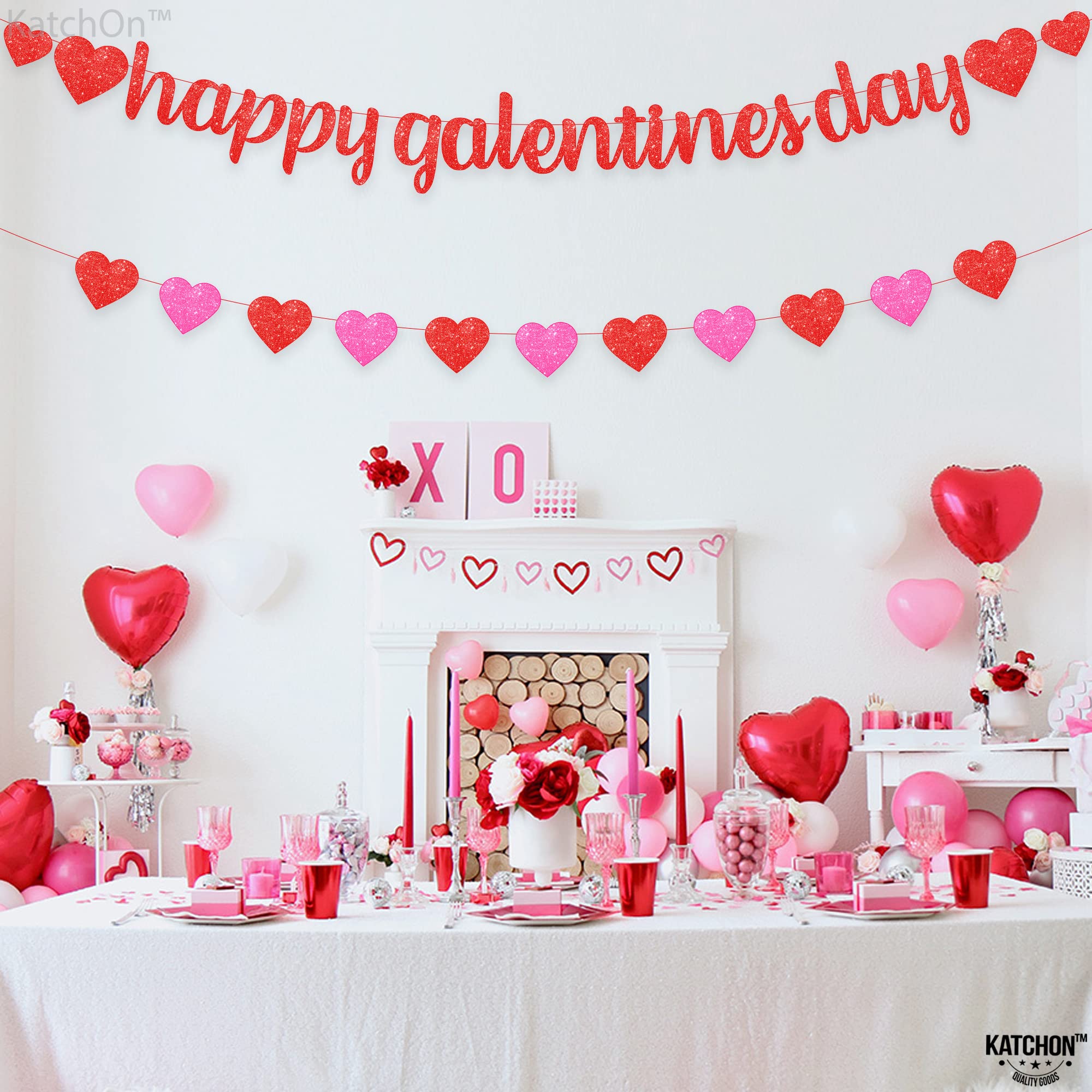 KatchOn Glitter Red Happy Galentines Day Banner - 10 Feet, No DIY, Pre-Strung Galentines Decor