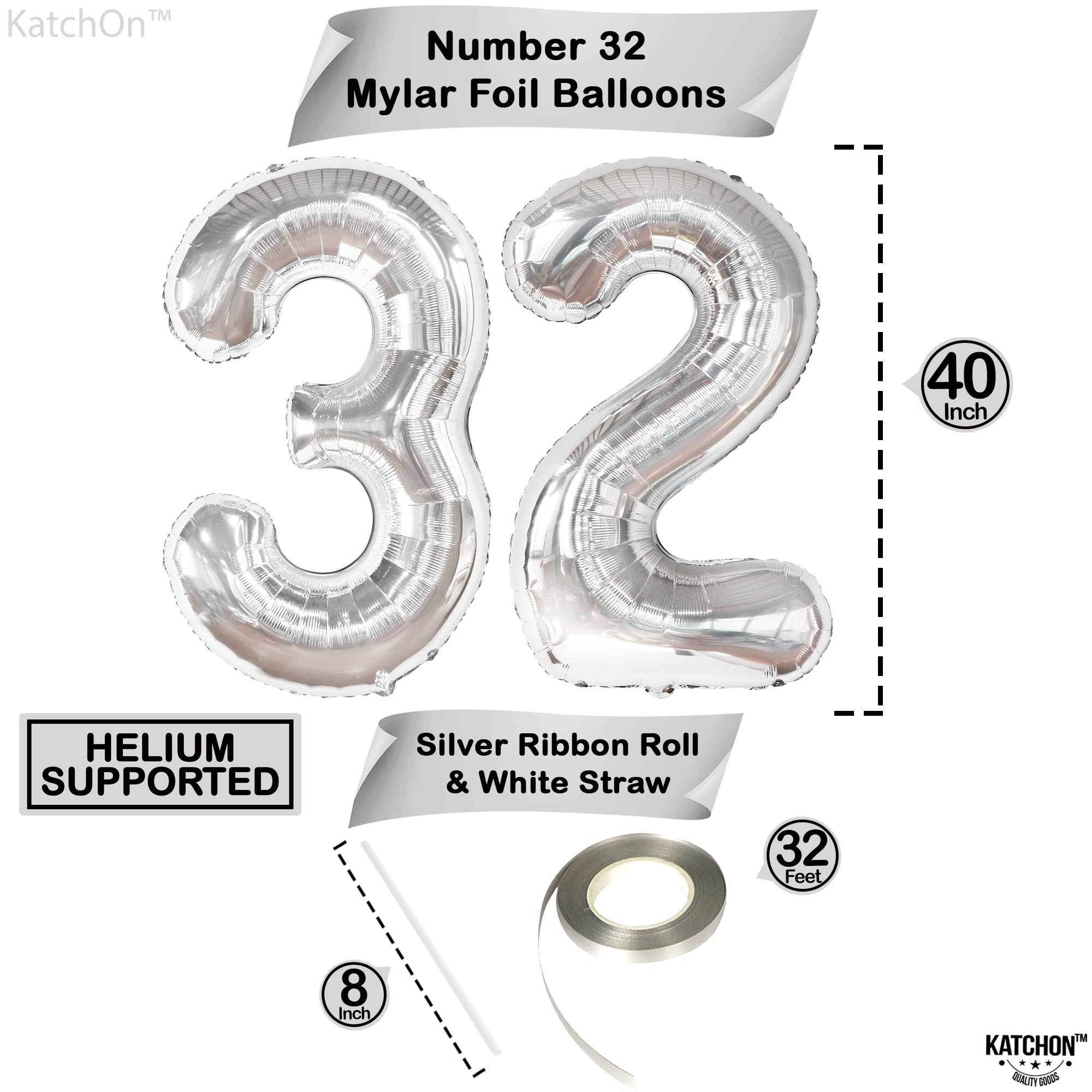 KatchOn Silver 32 Balloon Numbers – Giant 40-Inch Foil Balloons for 32nd Birthday Decorations