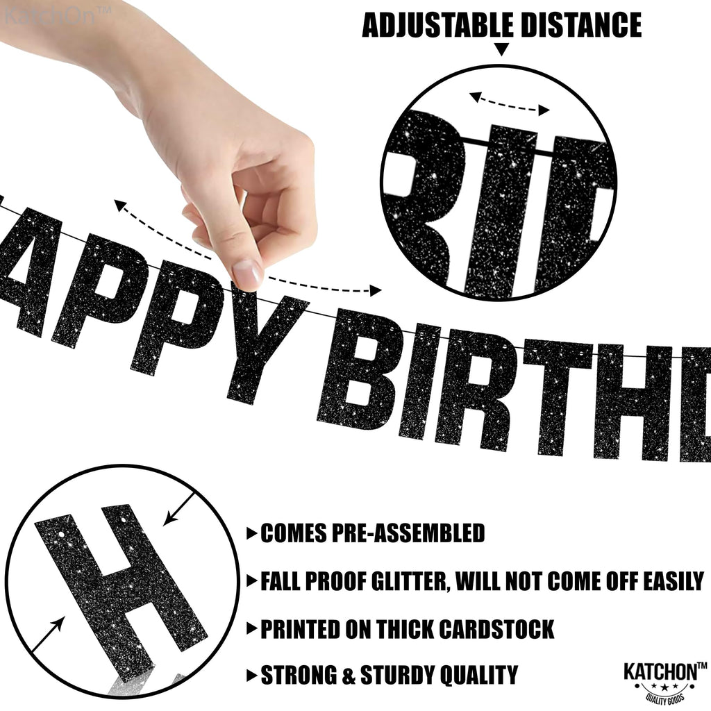 KatchOn Glitter Black Happy Birthday Banner Light Up - 10ft Prestrung LED Backdrop