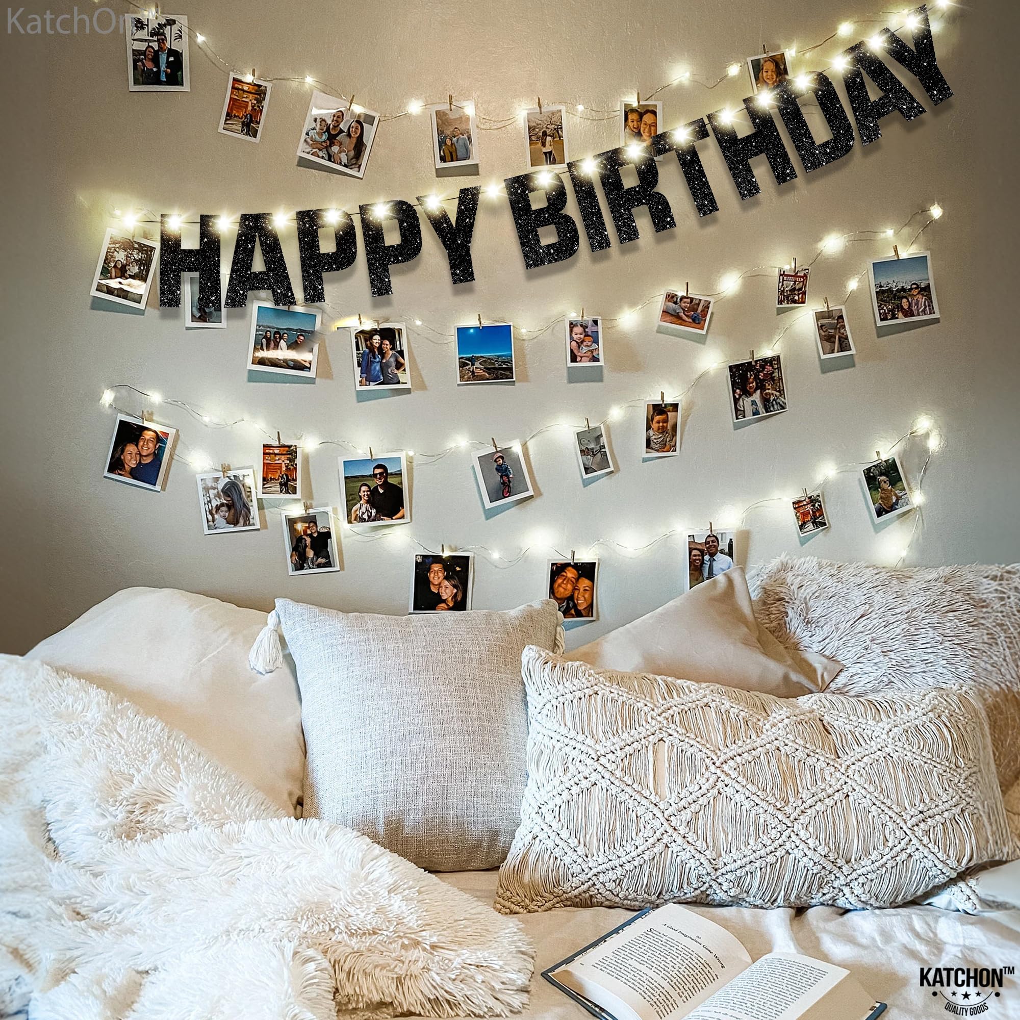 KatchOn Glitter Black Happy Birthday Banner Light Up - 10ft Prestrung LED Backdrop