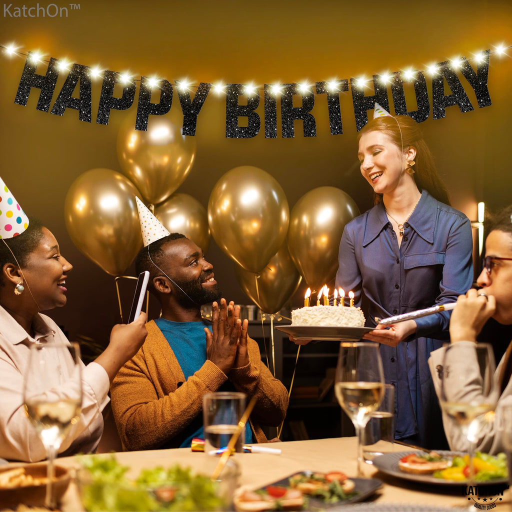 KatchOn Glitter Black Happy Birthday Banner Light Up - 10ft Prestrung LED Backdrop