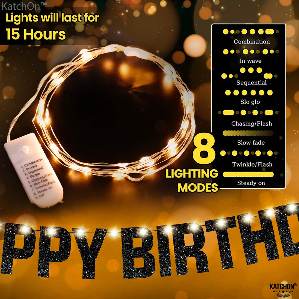 KatchOn Glitter Black Happy Birthday Banner Light Up - 10ft Prestrung LED Backdrop