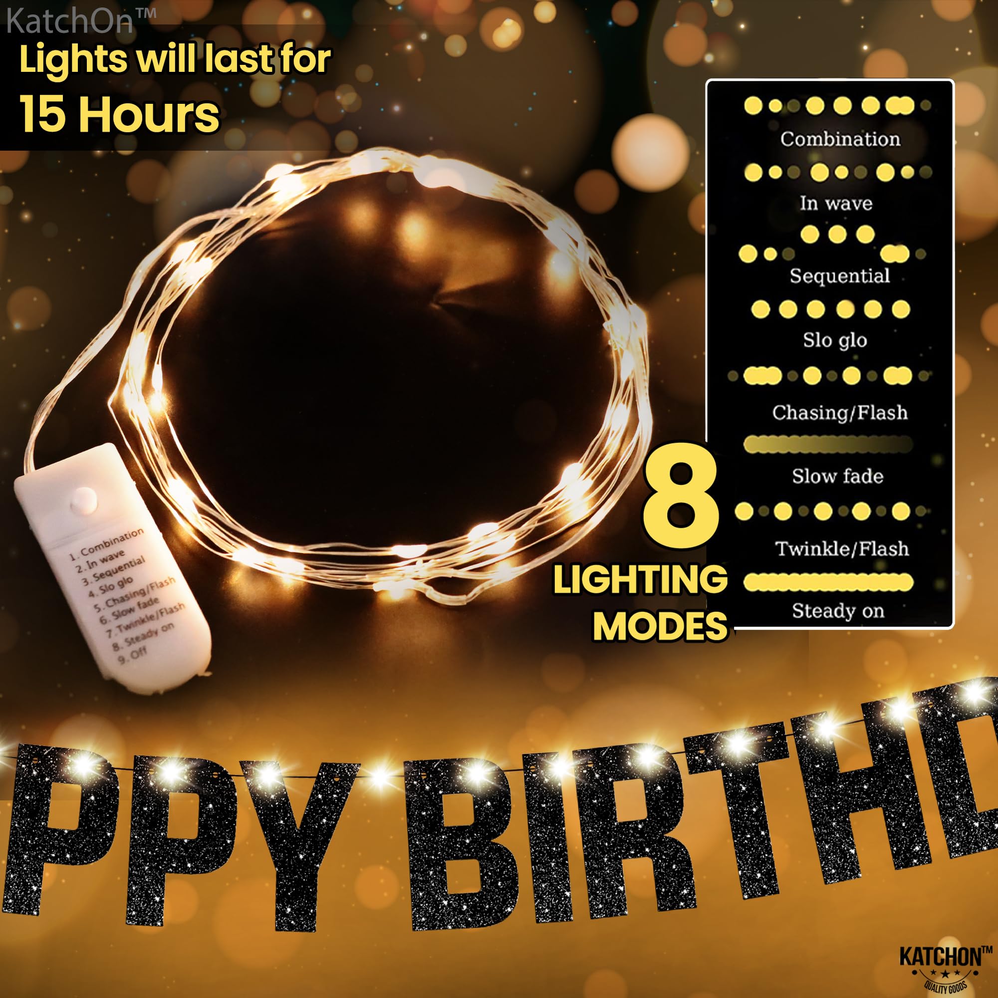 KatchOn Glitter Black Happy Birthday Banner Light Up - 10ft Prestrung LED Backdrop