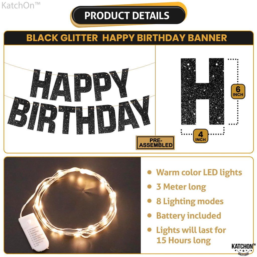 KatchOn Glitter Black Happy Birthday Banner Light Up - 10ft Prestrung LED Backdrop