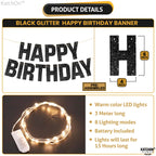 KatchOn Glitter Black Happy Birthday Banner Light Up - 10ft Prestrung LED Backdrop
