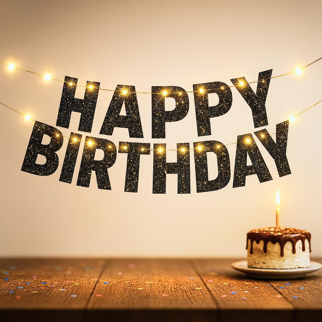 KatchOn Glitter Black Happy Birthday Banner Light Up - 10ft Prestrung LED Backdrop