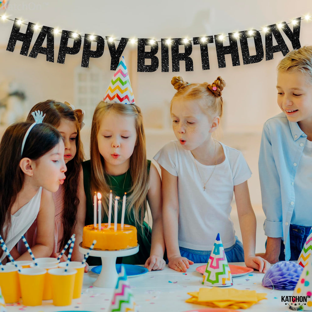 KatchOn Glitter Black Happy Birthday Banner Light Up - 10ft Prestrung LED Backdrop