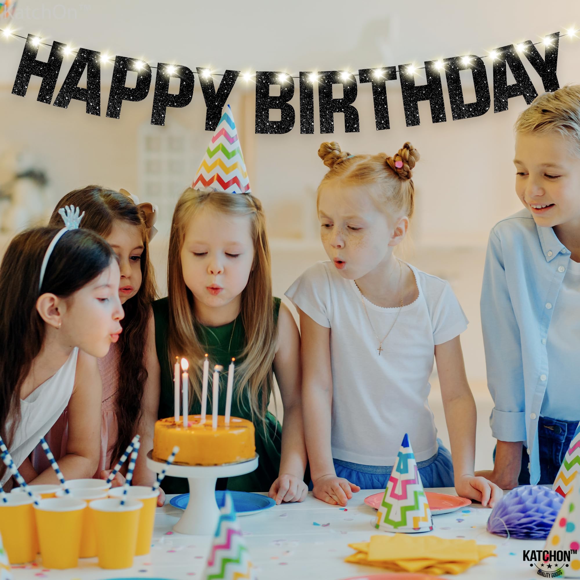 KatchOn Glitter Black Happy Birthday Banner Light Up - 10ft Prestrung LED Backdrop