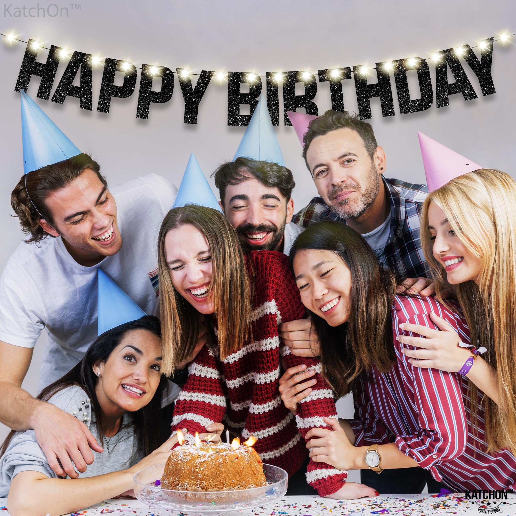 KatchOn Glitter Black Happy Birthday Banner Light Up - 10ft Prestrung LED Backdrop