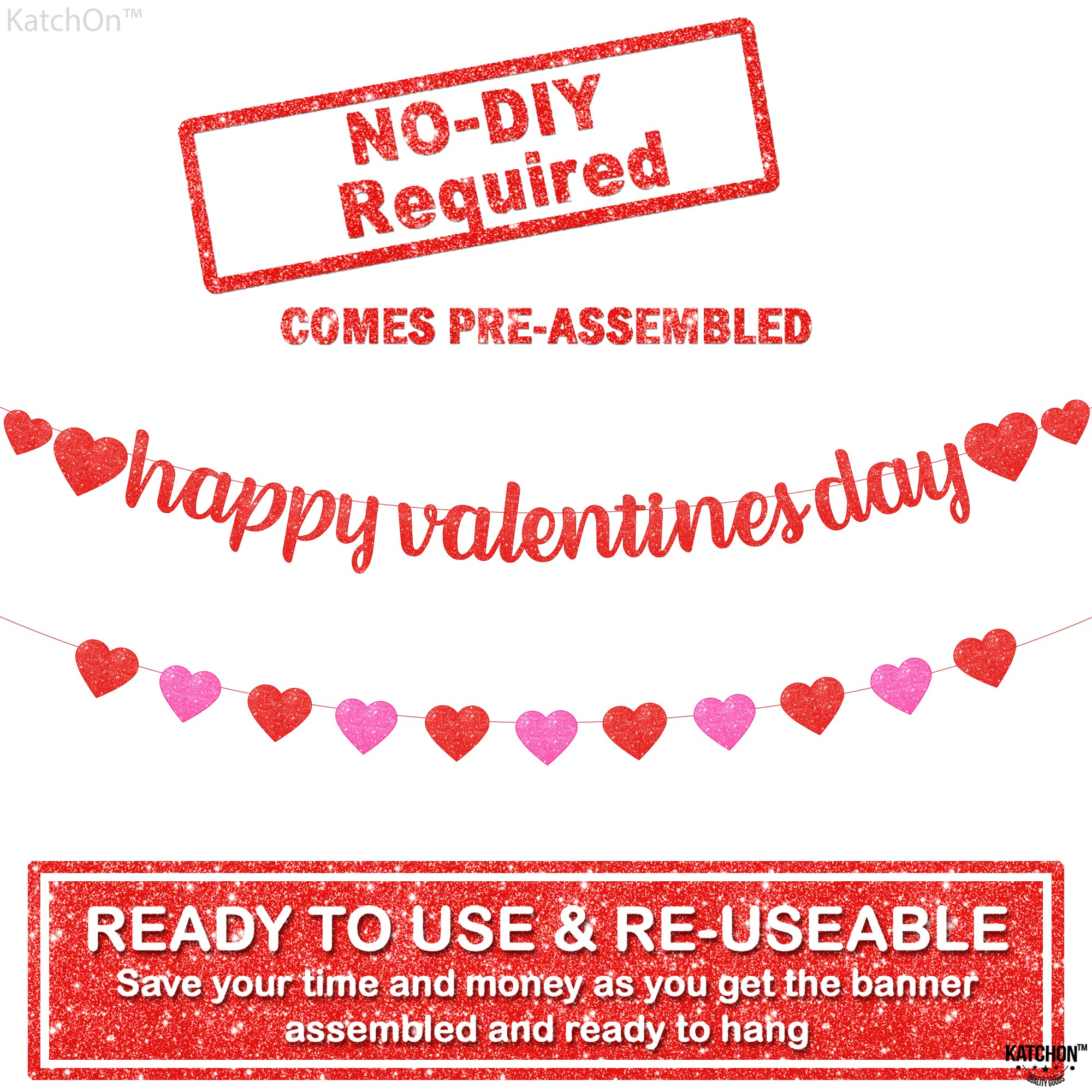 KatchOn Glitter Happy Valentines Banner – 10 Feet, Pre-assembled Red & Pink Heart Garland for Valentines Day Decorations