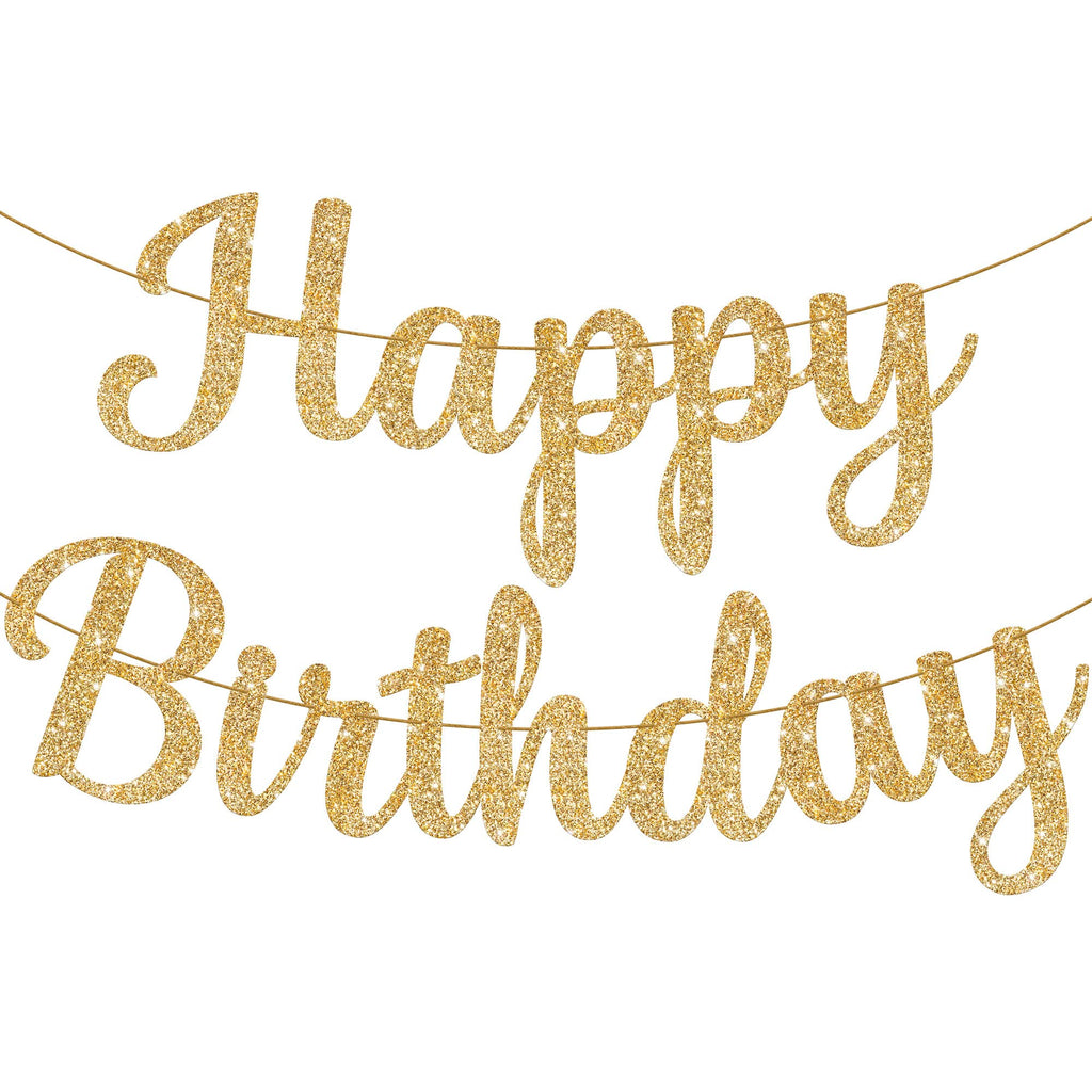KatchOn Glitter Gold Happy Birthday Banner - Pre-Strung 10 Feet, Ready-to-Hang Gold Birthday Decor